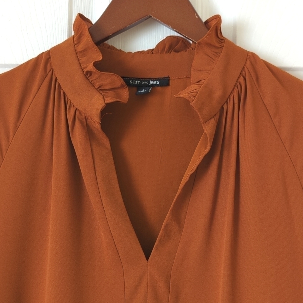 Sam and Jess Ruffle Tiered Long Sleeve V-neck Mini Babydoll Swing Dress Rust S - Picture 3 of 13